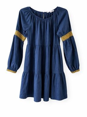 Elizabeth and James Navy Blue Tiered Dress with Gold Trim